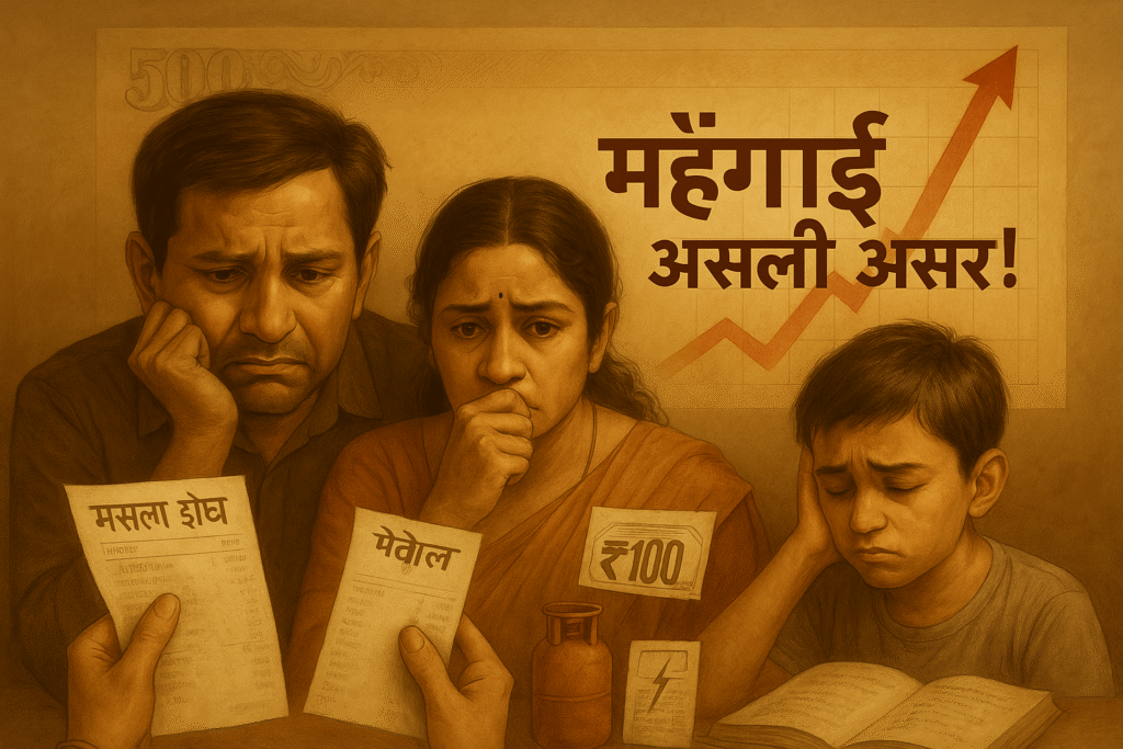 "महंगाई के प्रभाव को दर्शाता चित्र – जिसमें आम आदमी की दैनिक ज़रूरतों जैसे सब्ज़ी, दूध, पेट्रोल और किराए पर बढ़ती कीमतों का असर दिखाया गया है"