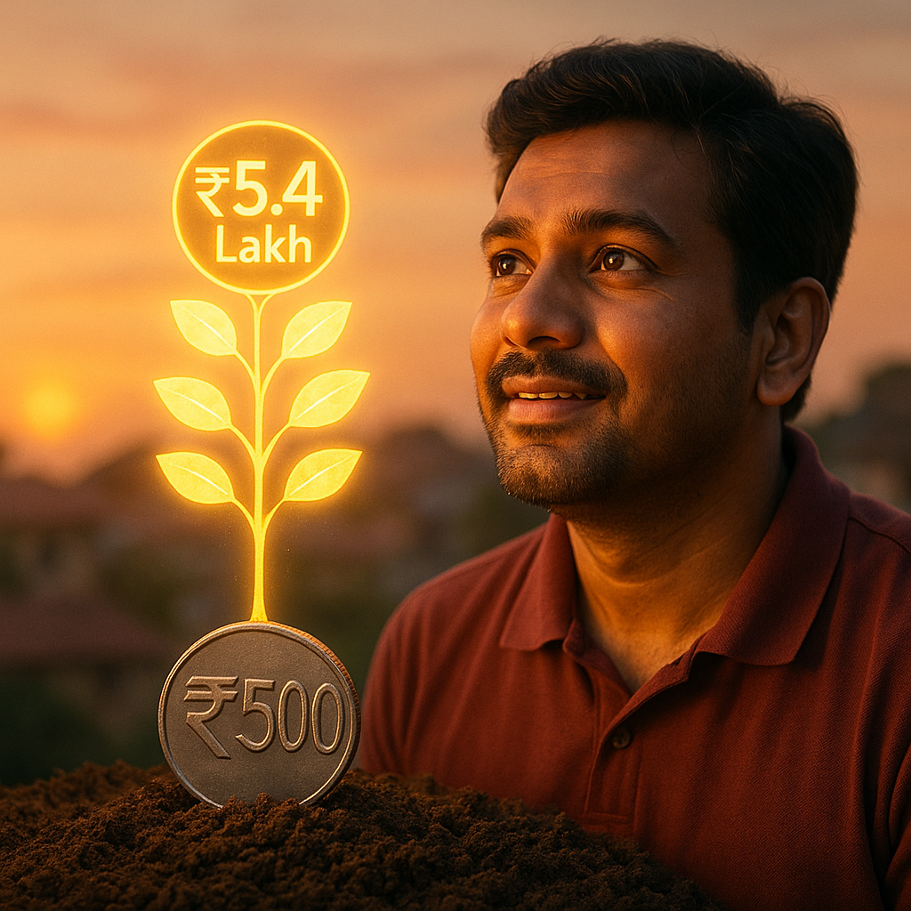 “₹500 coin growing into a money tree symbolizing ₹5.4 lakh corpus with emotional human backdrop”